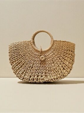 Boho Woven Straw Handbag Natural Rattan Circle Handle Beach Tote Purse